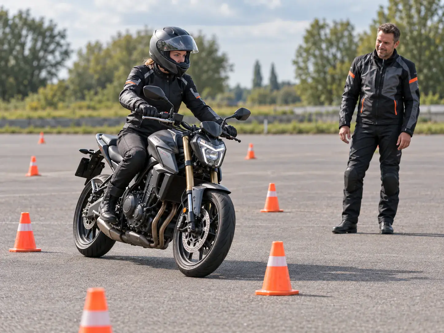 Een motorrijder rijdt tussen pionnen op een oefenterrein.