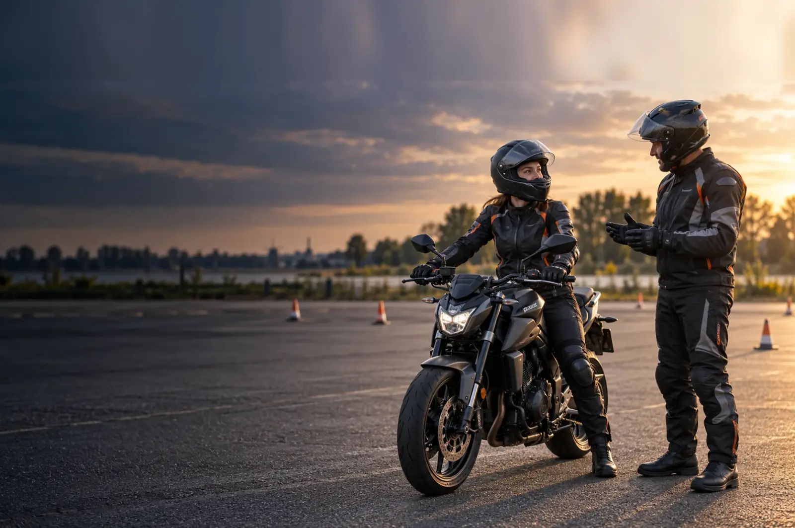 Een motorrijder op een naked bike en een persoon in motorkleding op een oefenterrein bij zonsondergang.